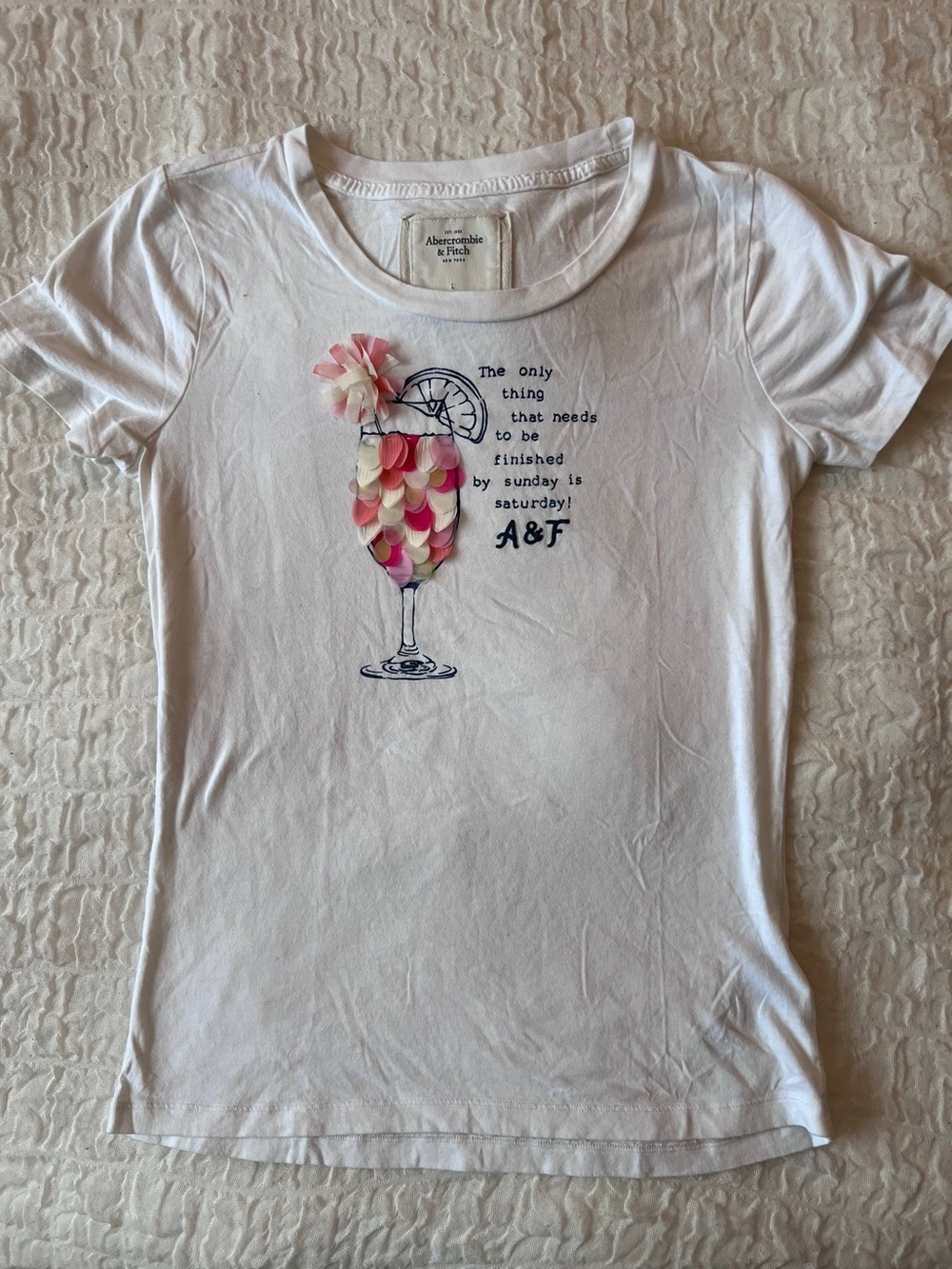 Abercrombie & Fitch White Tee with Pink Appliqué Cocktail Graphic